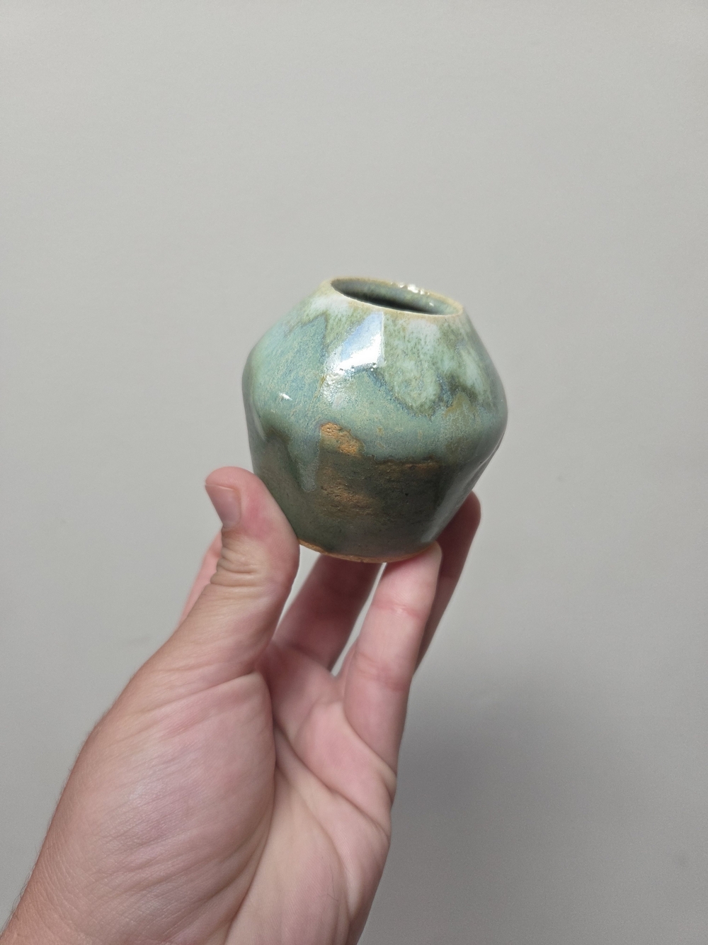 Handmade Green Ceramic Mini Vase with Subtle Brown Accents
